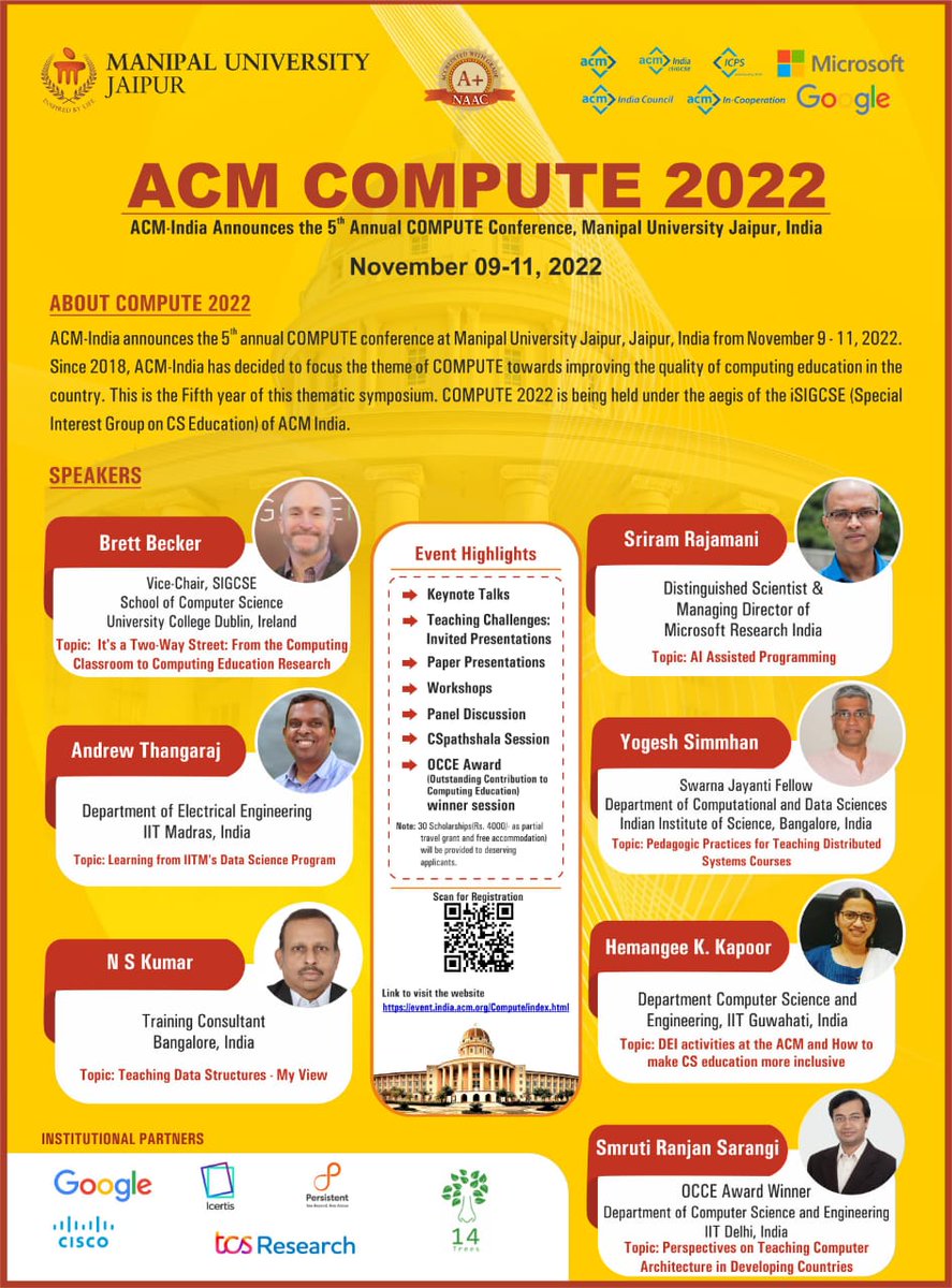 isigcse's tweet image. Less than 3 weeks to go for the exciting #ACM India annual COMPUTE conference that is going to be held at #manipaluniversity Jaipur during November 9th - 11th.