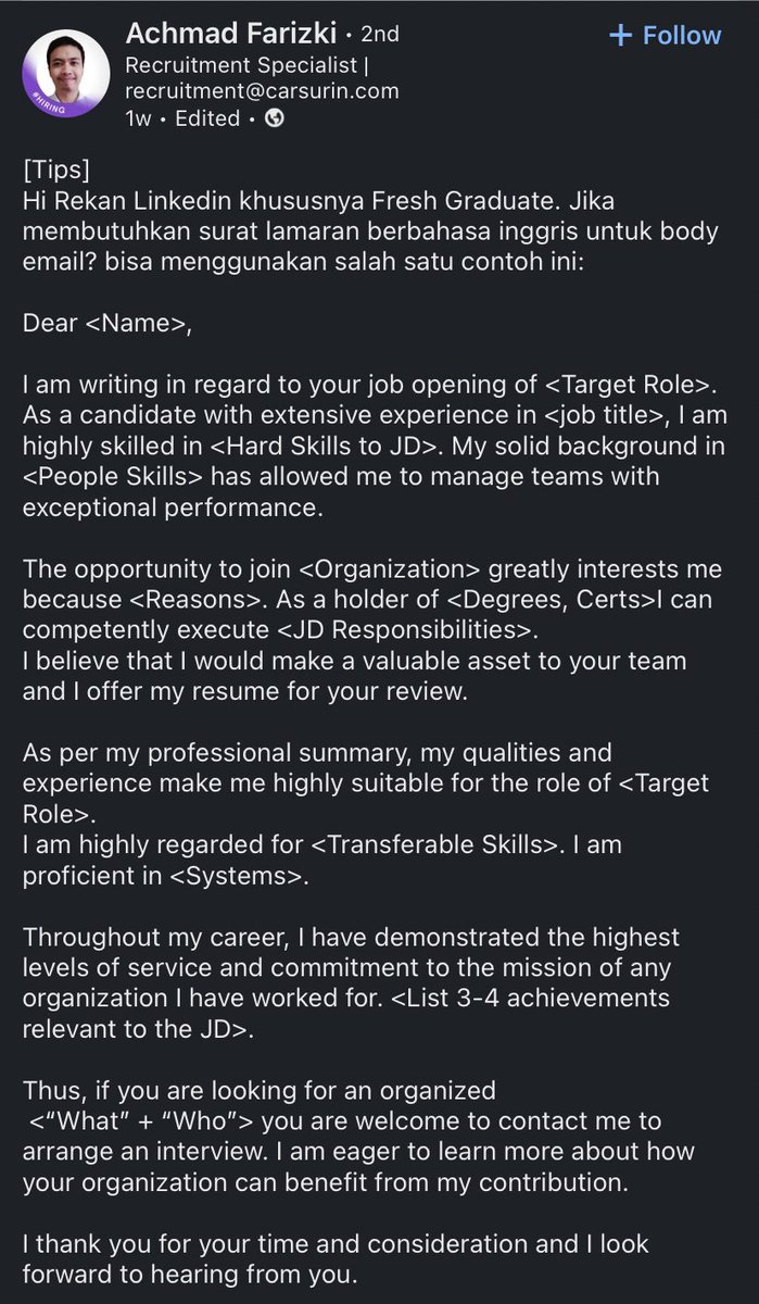 Jangan lupa disave nih contoh body email untuk ngelamar in English 👇🏻