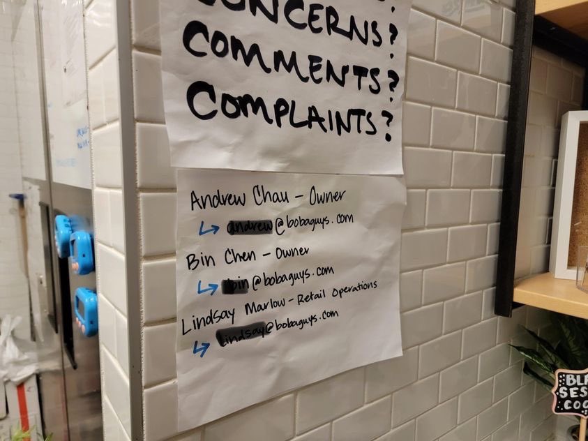 sashaperigo's tweet photo. My viral tweet sharing info about #BobaGuysSF union busting was reported for “sharing private information.”
The “private” information in question? The CEO’s business email which he displayed publicly in the store. https://t.co/E7QvYcXPWE