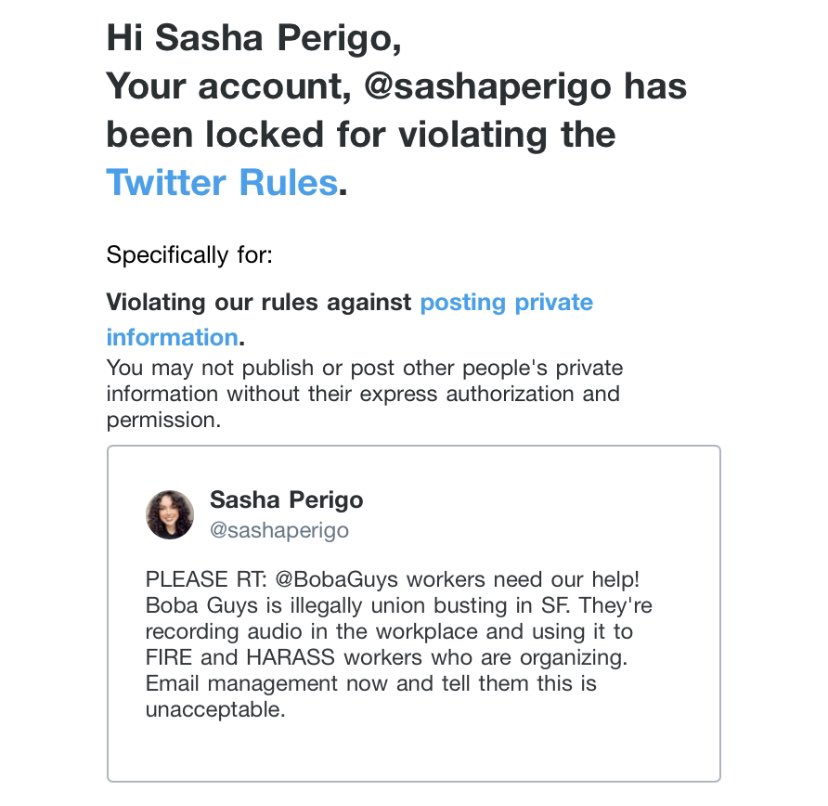 sashaperigo's tweet photo. My viral tweet sharing info about #BobaGuysSF union busting was reported for “sharing private information.”
The “private” information in question? The CEO’s business email which he displayed publicly in the store. https://t.co/E7QvYcXPWE