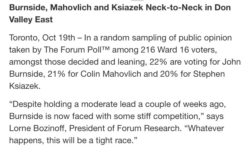 NEW forum research poll showing that the race in Don Valley East is NECK AND NECK. We are 1% behind Burnside in this poll. Let’s get out the vote and make a change for our City!!!   Vote Mahovlich on Monday!!!

 #TOpoli #donvalleyeast #ward16 #onpoli #toronto #GOTV #tovotes22