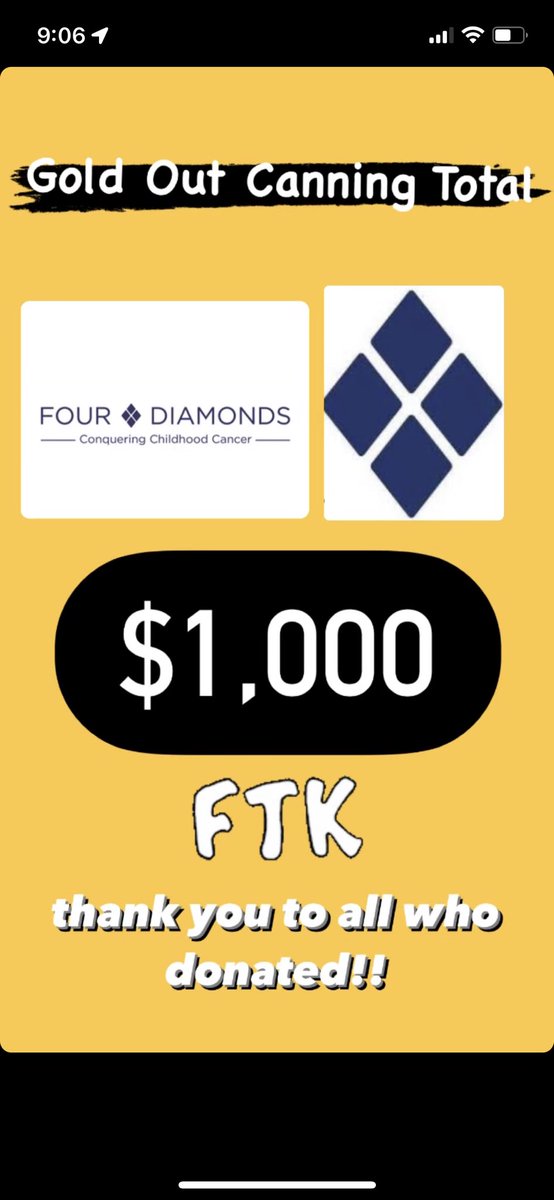 With the help of everyone at the Gold Out Football Game, we were able to raise over $1,000 dollars!! Thank you to everyone who donated!  
-
-
-
#ftk #goldout #fourdiamonds #minithon