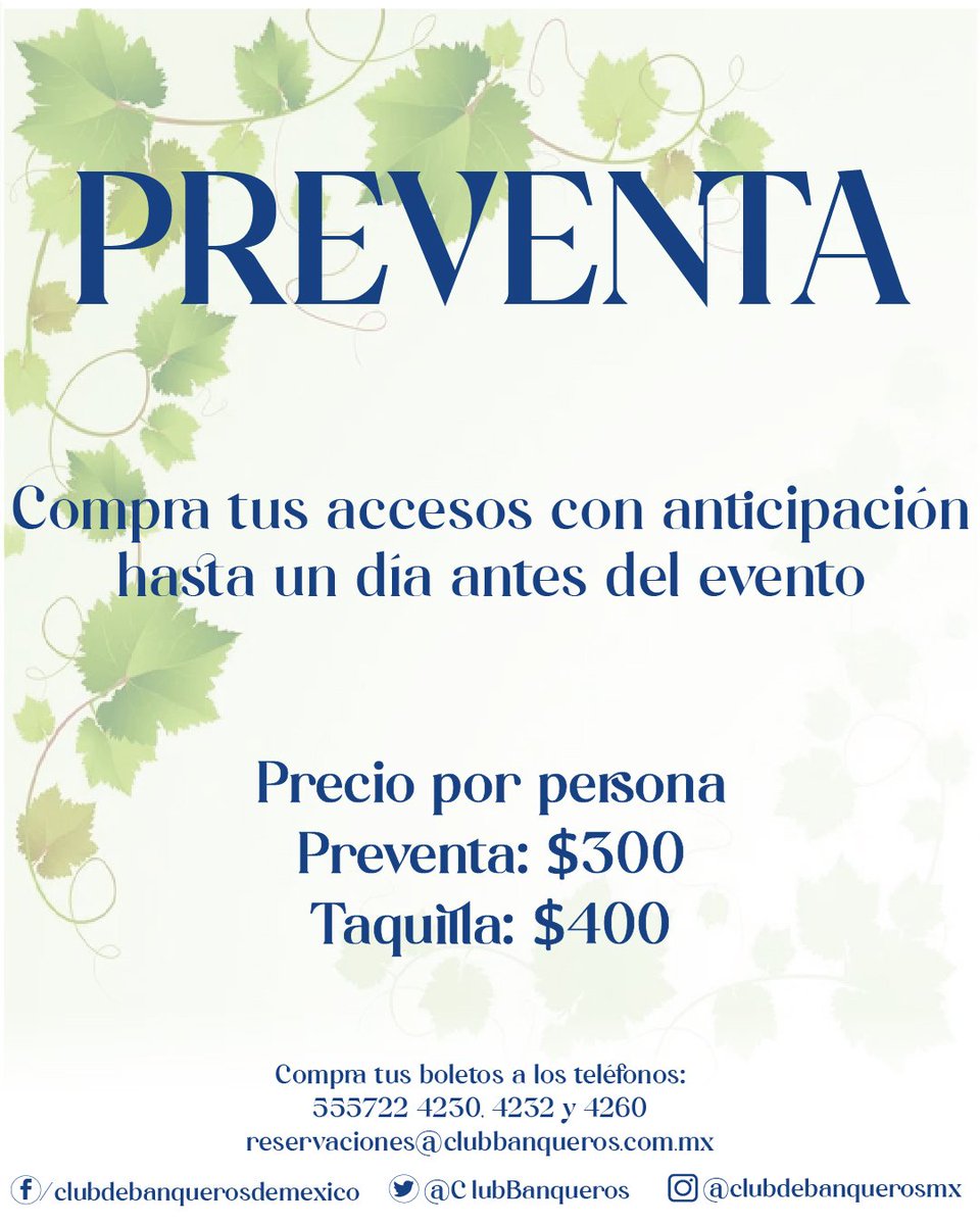 ClubBanqueros's tweet photo. ¡No te pierdas nuestra Vendimia 2022!
📆 Jueves 10 de noviembre de 14:00 a 22:00 hrs.
¡Adquiere tu acceso en costo de preventa! Precio por persona: 🎟 Preventa $300
Informes y reservaciones:
☎️ 555722 4230, 4232, 4260
📧 reservaciones@clubbanqueros.com.mx
#Vendimia2022 #CDMX https://t.co/4w7Xvr0MTu