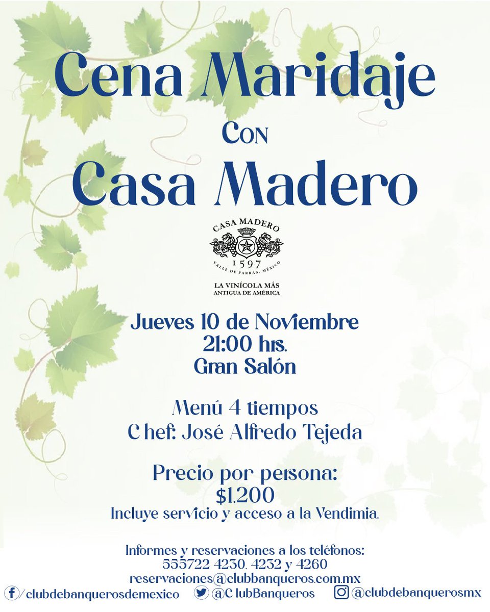 ¡No te pierdas nuestra Vendimia 2022!
📆 Jueves 10 de noviembre de 14:00 a 22:00 hrs.
¡Adquiere tu acceso en costo de preventa! Precio por persona: 🎟 Preventa $300
Informes y reservaciones:
☎️ 555722 4230, 4232, 4260
📧 reservaciones@clubbanqueros.com.mx
#Vendimia2022 #CDMX