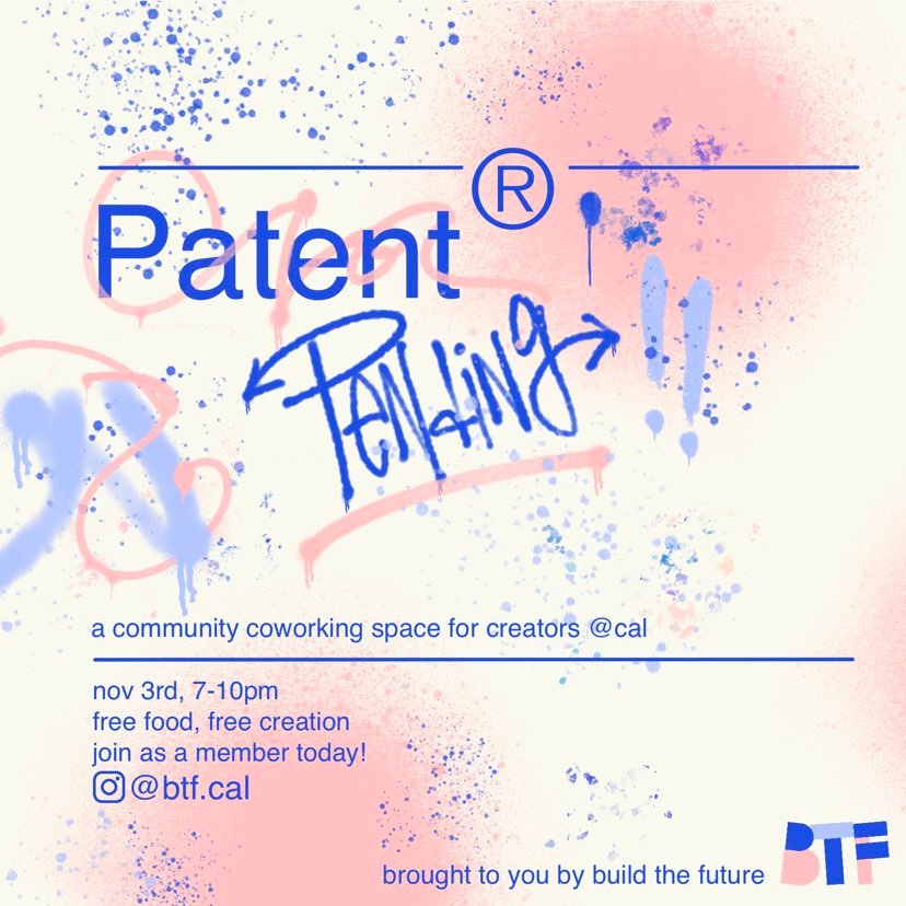 Super pumped to launch Patent Pending — our Cal-exclusive co-working sessions!

We believe that ideas flourish in environments that foster human connection, good conversation, and creative play. Patent Pending is a place where all 3 come together.
