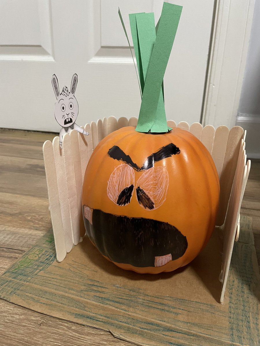 We’re loving Jasper Rabbit and the Creepy Carrot series by @areynoldsbooks and <a href="/itspeterbrown/">peter brown!</a> …so my son created his very own Creepy Carrot for his first Book Character Pumpkin assignment! 🥕🐰