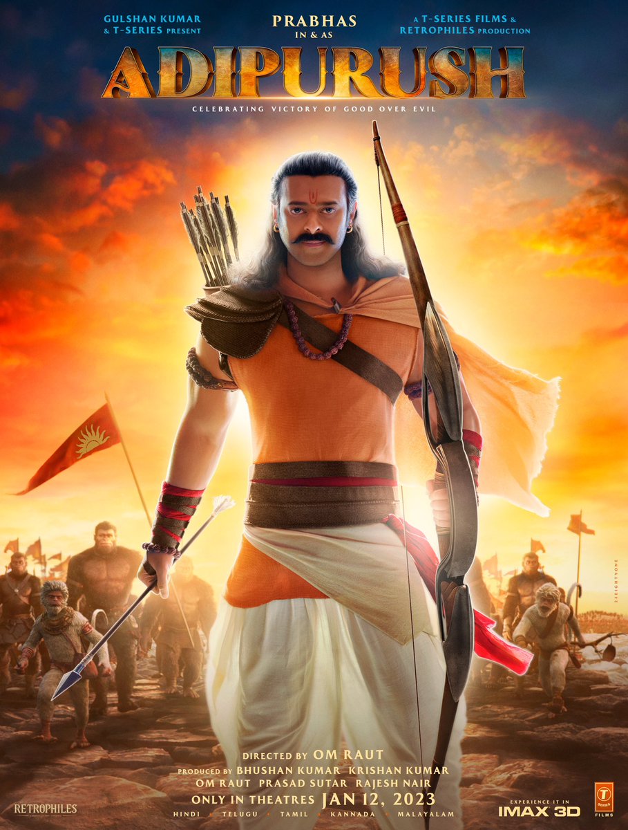 PRABHAS: ‘ADIPURUSH’ NEW POSTER ON PRABHAS’ BIRTHDAY… Director #OmRaut and producer #BhushanKumar unveil #NewPoster of #Adipurush, featuring #Prabhas… In *cinemas* [Thu] 12 Jan 2023 in #IMAX and #3D.