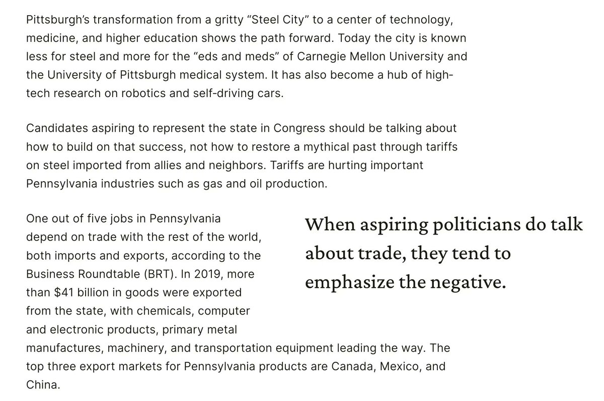 CatoTrade's tweet photo. 1 out of 5 jobs in Pennsylvania depend on trade, both imports &amp; exports. Candidates aspiring to represent the Keystone States in Congress should say more about the benefits and opportunities created by trade, @DanielGriswold writes. https://t.co/kKyJ8eeDlv

#CatoTrade https://t.co/qS9ABNR2N7