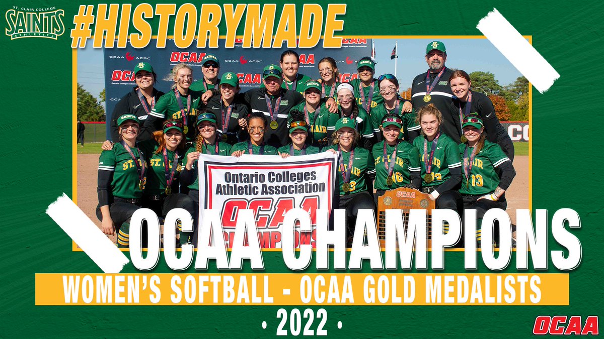 Saints Athletics (@stclairsaints1) on Twitter photo Great cap to an undefeated season for <a href="/stclairsaints1/">Saints Athletics</a> Women’s Softball with an <a href="/TheOCAA/">Ontario Colleges Athletic Association</a> Championship Gold Medal. Great cap to an undefeated season for <a href="/stclairsaints1/">Saints Athletics</a> Women’s Softball with an <a href="/TheOCAA/">Ontario Colleges Athletic Association</a> Championship Gold Medal.