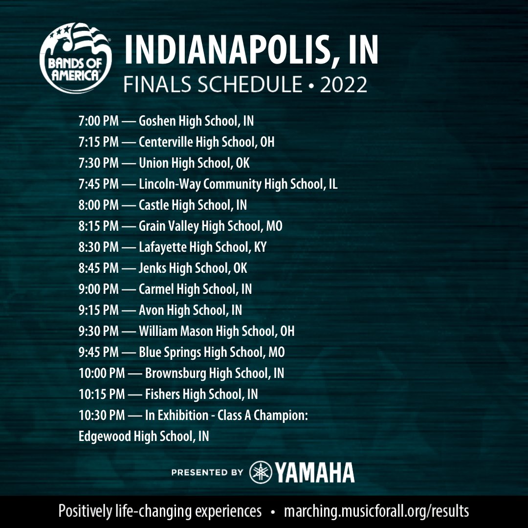 BANDSOFAMERICA's tweet photo. Congratulations to our 14 finalists at the Indianapolis Super Regional Championship, presented by Yamaha. 

We'll see you back when gates open at 6:00 p.m. #boa2022 #marchboa https://t.co/Z35IfTUEg4