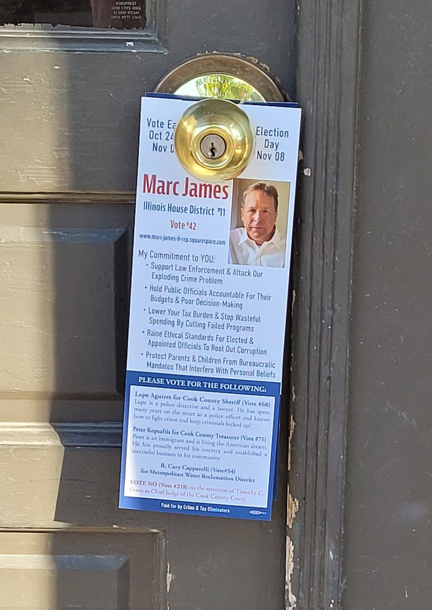 MarcJames4IL's tweet photo. Appearing soon on a door handle near you. Our volunteers were out today on a gorgeous Saturday distributing campaign literature. Thanks to all who participated! 
#ILDistrict11 #VOTE2022 https://t.co/DTGGFiaBL3