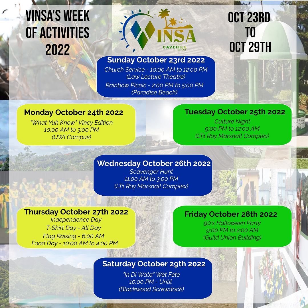It’s the return of the biggest and baddest Island Association; VINSA week🇻🇨. Every day of this week, we have a variety of activities and events for you to enjoy, showcasing our Vincentian Culture. Be sure to come out and support us!! Stick around and you might get a surprise 🧐🇻🇨