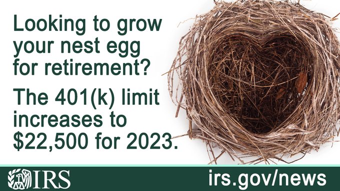 heart-shaped nest. Text: Looking to grow your nest egg for retirement? The 401(k) limit increases to $22,500 for 2023. irs.gov/news IRS logo displayed