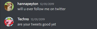 hannapeytonMC's tweet photo. People have asked why Techno doesn't follow me on Twitter. Techno LOVED bullying me. He even went as far as following my old fan account at one point just to piss me off, lol. Found this old message today and sobbed because he wasn't around for this milestone. ): https://t.co/cCYIyvCMCK
