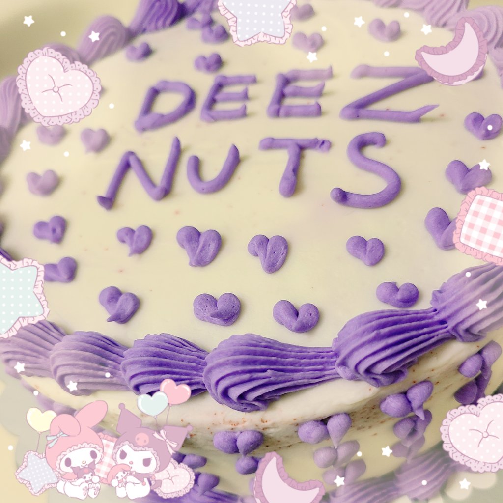 NinasNumNums's tweet photo. ˚ʚ bday cake i made for a dear special friend🥰💖 ɞ˚
~°♡°~
˚ʚ🌸ɞ˚
( \ / )
(„• ֊ •„)・・‿︵‿୨ tags ୧‿︵‿
#meme #memecake #bake #deeznuts #cake #purple #frosting #icing #baking #redvelvet #piping #bakingcore #cute #kawaii #kawaiiaesthetic #sanrio #cakedecorating https://t.co/TwqqQzCaK0