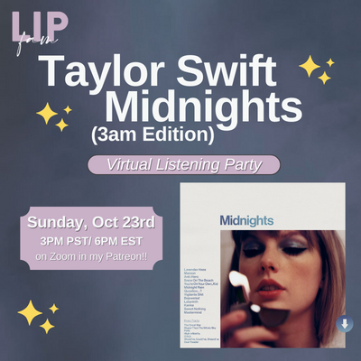 LaurenLipman's tweet photo. by the wayyyy Swifties we're having a #Midnights Listening Party tomorrow (sunday 10/23) in my Patreon on Zoom! Now we can include the #3amtracks & can all collectively freak out together! 🤩
It's going to be so so fun, come and join us!! only $5!
https://t.co/O35ecAh0Xf https://t.co/es8pCX3aLA