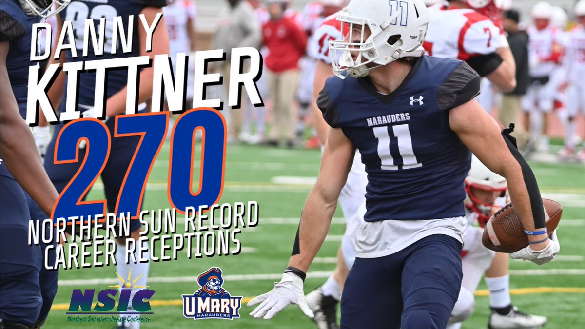 RECORD BREAKER | With over 270 catches Danny Kittner is your new <a href="/NorthernSunConf/">NSIC</a> career record holder for receptions! The <a href="/UMaryFootball/">UMary Football</a> All-American broke the NSIC record for receiving yards earlier in the game. Congratulations Danny! #HooksUp #LifeAtMary