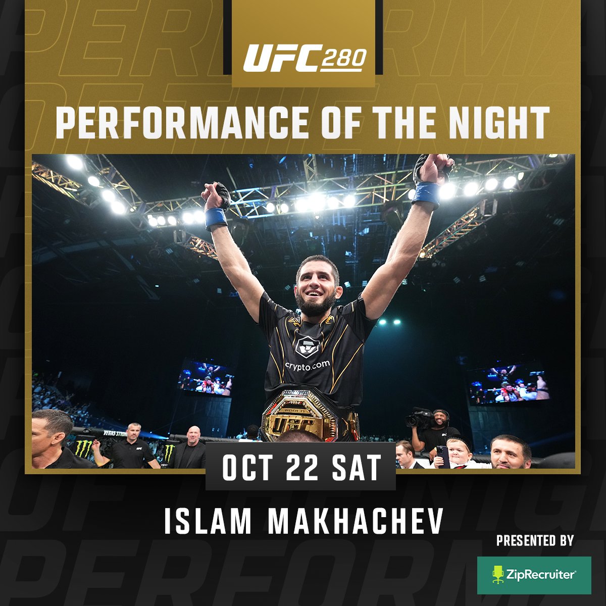 ufc's tweet photo. The biggest finishes of their careers earn @MakhachevMMA &amp; @BullyB170 your #UFC280 POTN honors 💰

[ B2YB @ZipRecruiter ] https://t.co/ywoGij2IRN