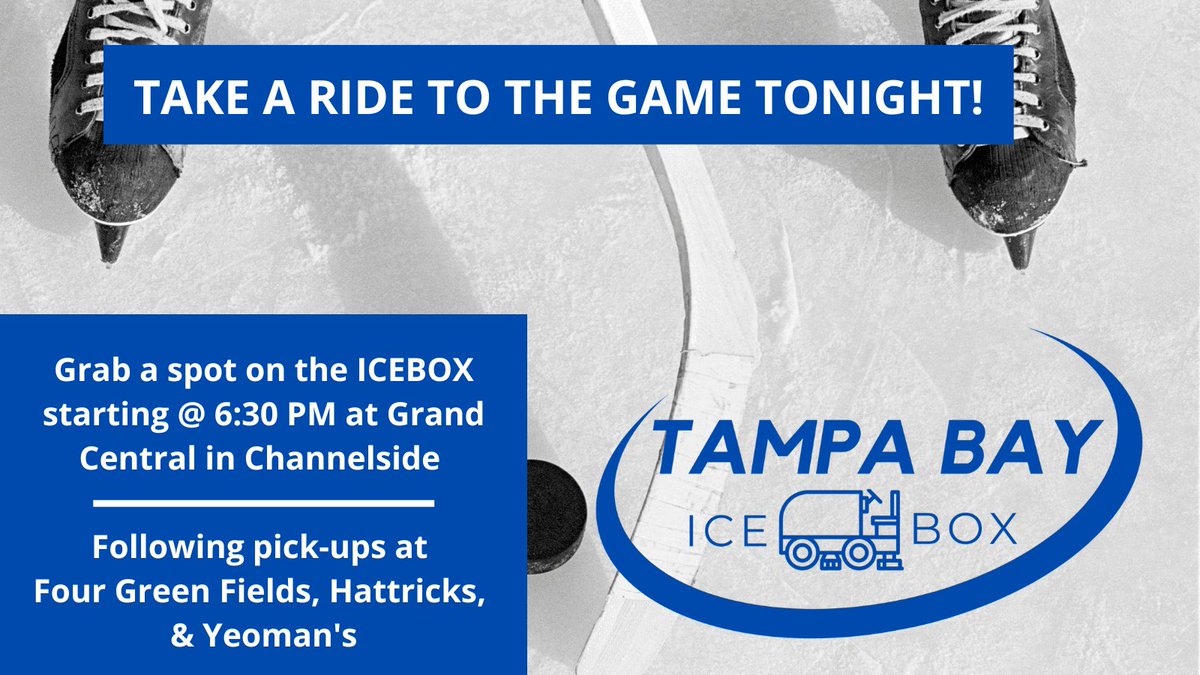 tampabayicebox's tweet photo. It is game day ⚡️- @TBLightning vs. @NYIslanders!

Arrive to the game in style!  Pick-ups for the Tampa Bay ICEBOX are @PourHouseTampa, @4GreenFieldsPub, @HattricksTavern, &amp; @YeomansCaskLion starting at 6:30 PM!

#tampabay #tbicebox #tblightning #hockey #Lightning #tampa https://t.co/HHkYu7gL5t