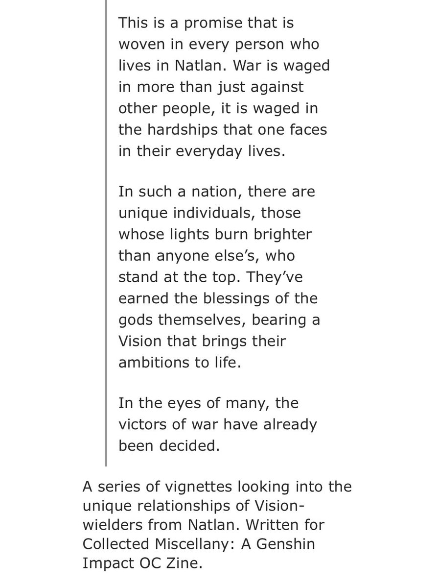 The Victors of War
— 2.5k, rated G
— original Genshin impact characters
— written for <a href="/genshinoriginal/">ColleMisc: a Genshin OC Zine ✨</a> 

archiveofourown.org/works/42559701