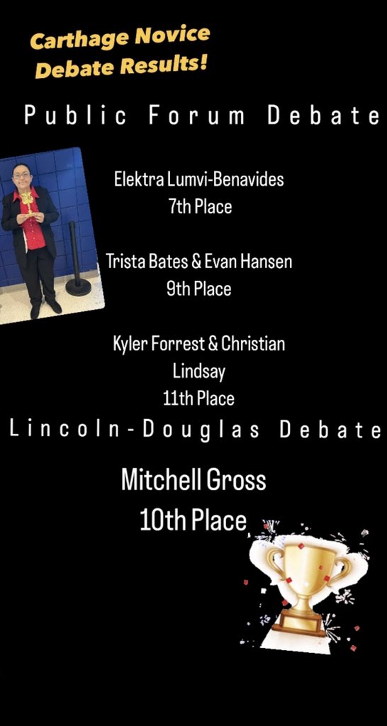 Results from Carthage Novice Debate! Congratulations!!