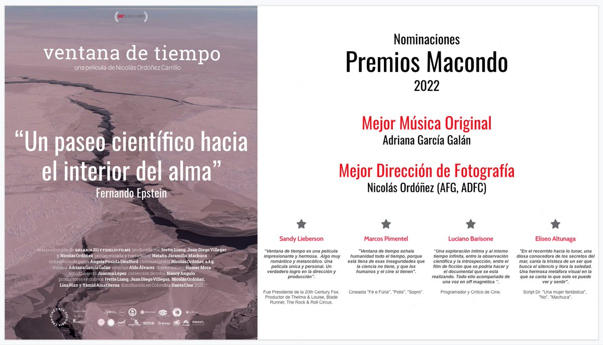 5 de noviembre Premios Macondo! 
VENTANA DE TIEMPO  nominada a Mejor MÚSICA ORIGINAL, por Adriana García Galán y Mejor DIRECCIÓN DE FOTOGRAFÍA, por Nicolás Ordóñez (AFG, ADFC). 
“Un paseo científico hacia el interior del alma”
Fernando Epstein
Trailer: vimeo.com/555754938