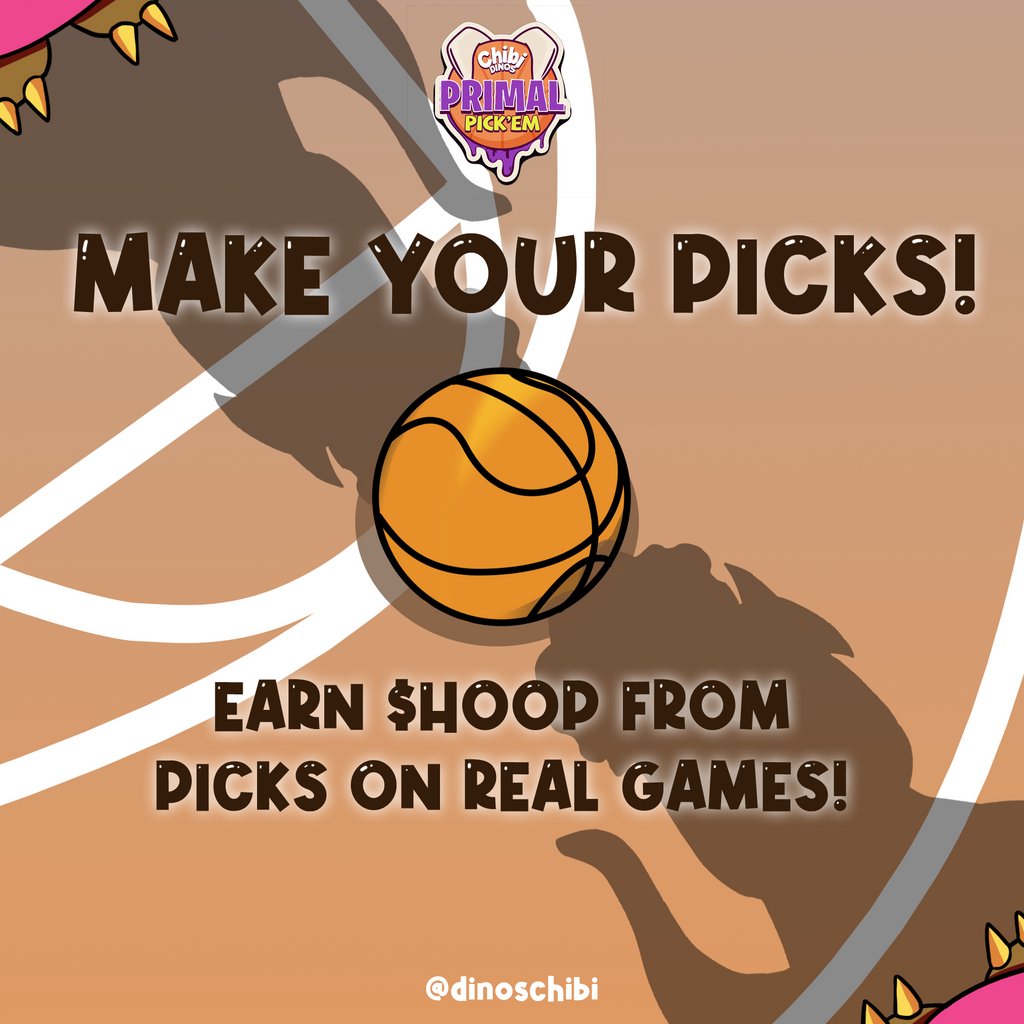 ChibiDinosNFT's tweet photo. It's game time! Have you made your picks?
Make predictions on real NBA games and earn $HOOP
Play Primal Pick'Em here: https://t.co/WFYWCEm9oU
#primalpickem #pickem #hoop #primalhoop #godinos #nba #nbapicks #p2e #playandearn #p2egaming #sportspredictions #hoopcoin #chibidinos https://t.co/4V6HcCzJfR