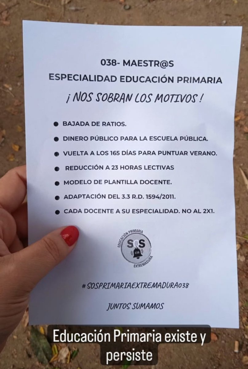 Nos sobran los motivos.
#BajadaDeRatios
#VueltaDeLos165dias
#Reduccion23HorasLectivas
#ModelodePlantillaDocente
#CadaDocenteSuEspecialidad
 #adaptar33RD15942011 
#Noal2x1
<a href="/GFVara/">Guillermo Fdez Vara</a> <a href="/EstherGMoran/">Esther Gutiérrez</a> <a href="/famayaf/">FranAmaya</a> <a href="/luzseijo/">M Luz Martínez Seijo</a> <a href="/Junta_Ex/">Junta de Extremadura</a>