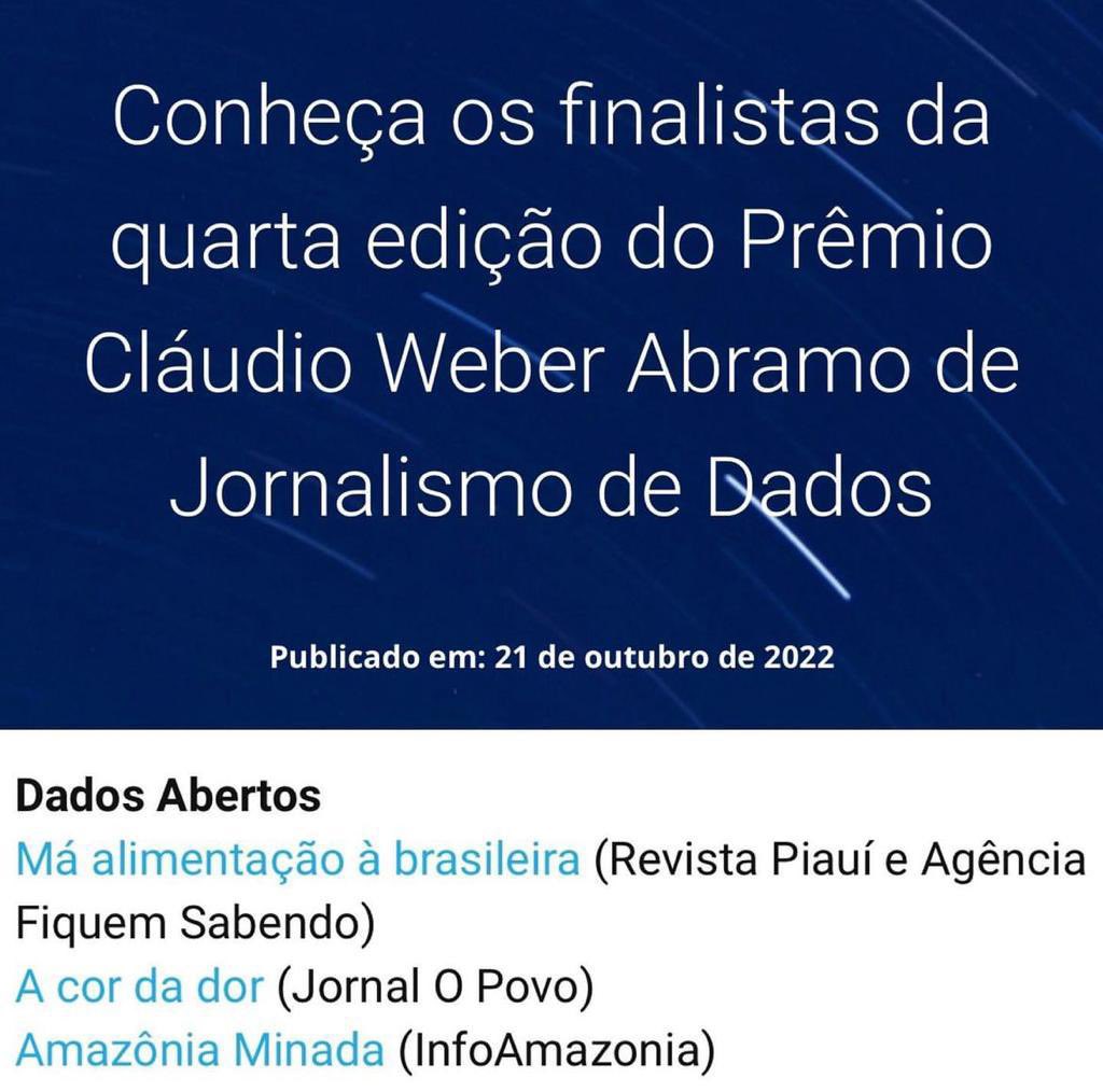 O especial “A cor da dor” está na final do Prêmio Cláudio Weber Abramo, organizado pela <a href="/EscolaDeDados/">Escola de Dados</a> . O especial é uma produção da Central de Jornalismo de Dados do <a href="/opovo/">O POVO</a> , em colaboração com a editoria de Cotidiano. Equipe: @tosimarcela , <a href="/CajazeiraRamos/">Alexandre R. Cajazeira Ramos</a> e Cláudio Ribeiro.