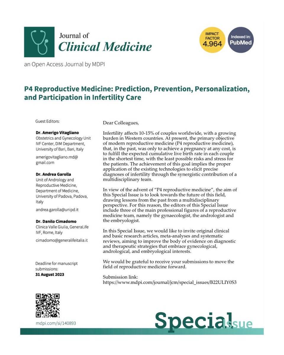 SIERR_official's tweet photo. In questo numero speciale del Journal of Clinical Medicine, si invitano tutti gli interessati ad invitare articoli che hanno come obiettivo il miglioramento delle strategie diagnostiche e terapeutiche nel campo della ginecologia, andrología e embriologia.
#embriologia #embryology https://t.co/52ge6xiMtb