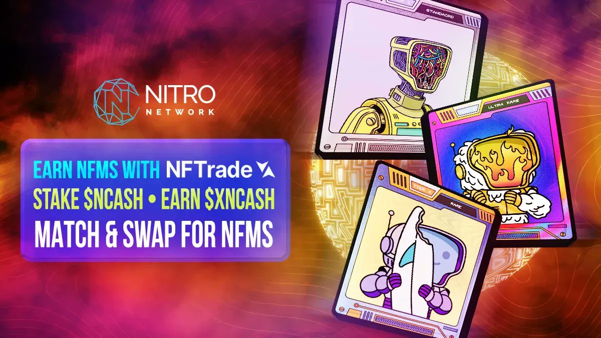 🍁 @Nitro_HQ It's easy to farm for NFMs on @NFTradeOfficial where you can also take advantage of discount. ✨Stake $NCASH to earn $xNCASH ✨Match $xNCASH with less $NCASH ✨Swap for NitroBot NFMs 🔽INFO nftrade.com/farms/nitro