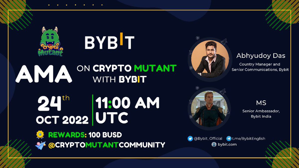 CryptoMutant's tweet photo. Next AMA!

https://t.co/Otqd6tKpIm 
 24 October 2022 | 11 : 00 AM UTC

👉https://t.co/Ge4UtHThrM

💴 5 Best Questions will be selected

✅Follow: @bybit_india
✅Join: @BybitIndian
✅Like &amp; RT, tag 3 friends,ask questions bellow: 
(MAX 2 QUESTIONS)

#CryptoMutant #AMA #Bybitindia https://t.co/gxx0VdcWA7