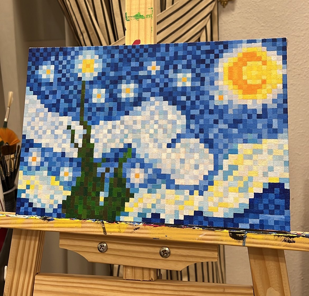 lil093's tweet photo. السلام عليكم 
اعرفكم على بنت افكاري الجديده 

#pixelart #vangogh #starrynight #acrylicpainting #artistsontwitter https://t.co/FNqYjjPr3l