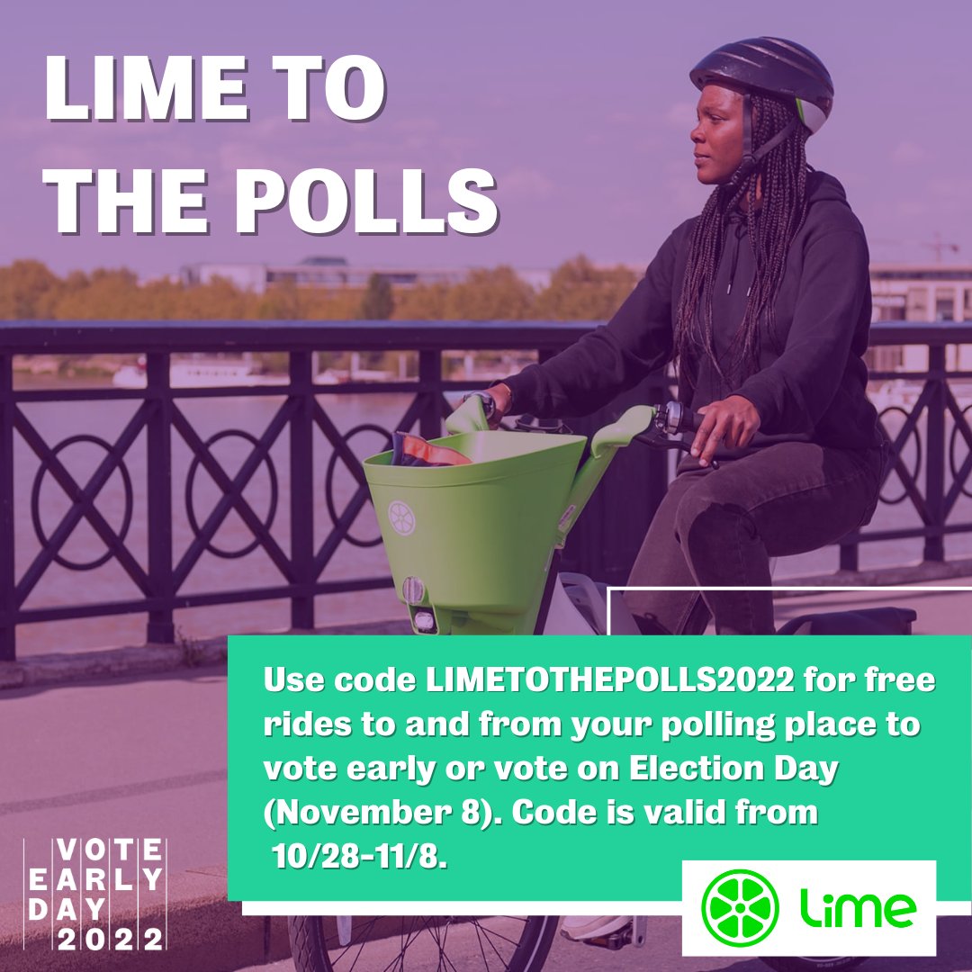 voteearlyday's tweet photo. We are partnering with @Lime to offer free rides to your polling place starting on #VoteEarlyDay (October 28)! 🚲️🗳️

Visit the #Lime app and use promo code LIMETOTHEPOLLS2022 to get rolling!

#limetothepolls #voteearly #vote #democracy #voteready #election2022 https://t.co/a9gHqQmMqJ