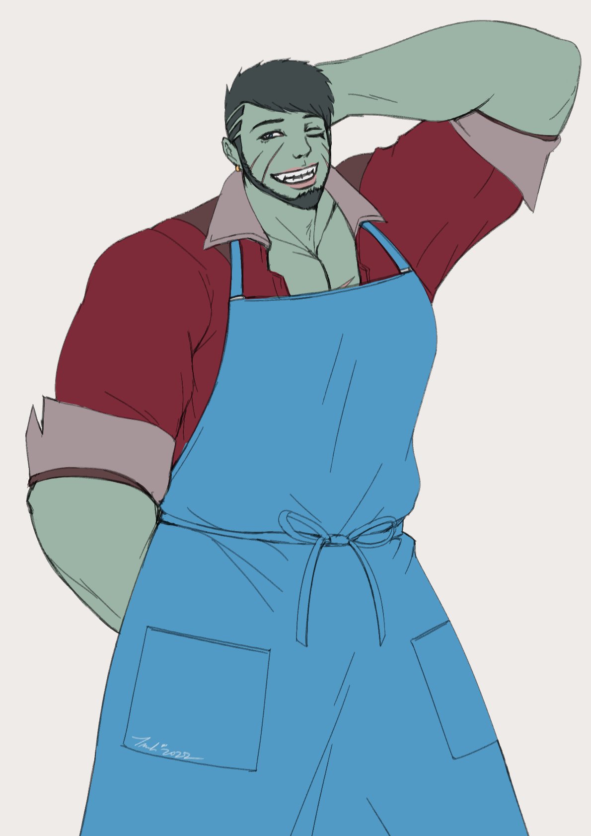 A digital drawing of a player-created Roegadyn Warrior of Light in a Last Stand apron from the video game Final Fantasy XIV.
