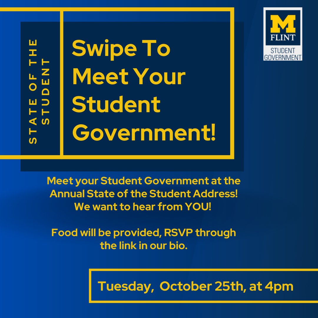 SGumflint's tweet photo. Third round of SG Members! State of the Student is in three days, and we can't wait to hear from you! RSVP via the link in our bio!
 #umich #sgumflint #goblue #umflint https://t.co/qiWVnD9xYk