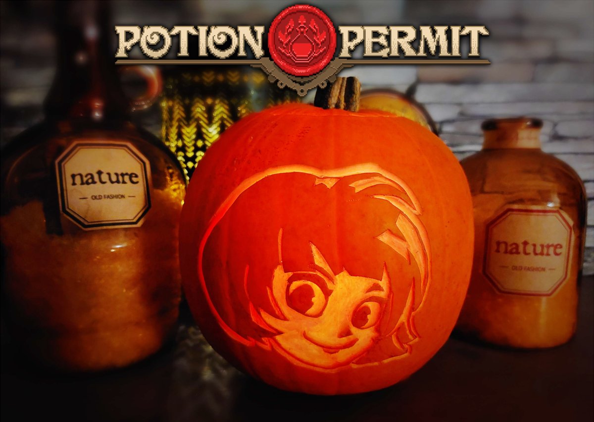 Colette_Fakkert's tweet photo. Entry for the @PQubeGames #PotionPermitArt2022 competition! I decided to enter with an organic pumpkin carving as I love Autumn. Much love for this game! ♥️ https://t.co/PUB1ghM4FC