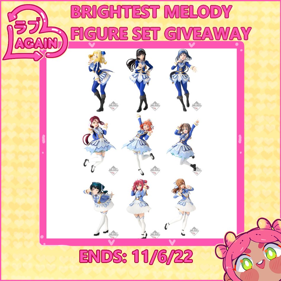 RABUAGAIN's tweet photo. 💛RABUAGAIN'S 5K FOLLOWER GIVEAWAY ... part 1...🤫Win a Brightest Melody Figure Set! 💛
💛TO ENTER:
💛FOLLOW US + RT THIS POST!
💛Optionally, tag a friend for an extra entry! 
💛INTL. OK!
#lovelive #ラブライブ https://t.co/Z8dHy9UoXE