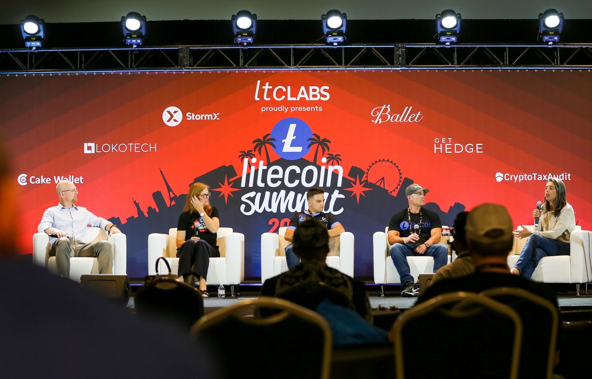 LTCFoundation's tweet photo. No more fitting way to round out the afternoon than with the “Litecoin Community Panel”, feat. @I_Make_Lemonade, @MrVigilanteBTC, @MASTERBTCLTC, @jonnylitecoin and chaired by @mamaecrypto. #LitecoinSummit2022 https://t.co/7XEApyCWXF