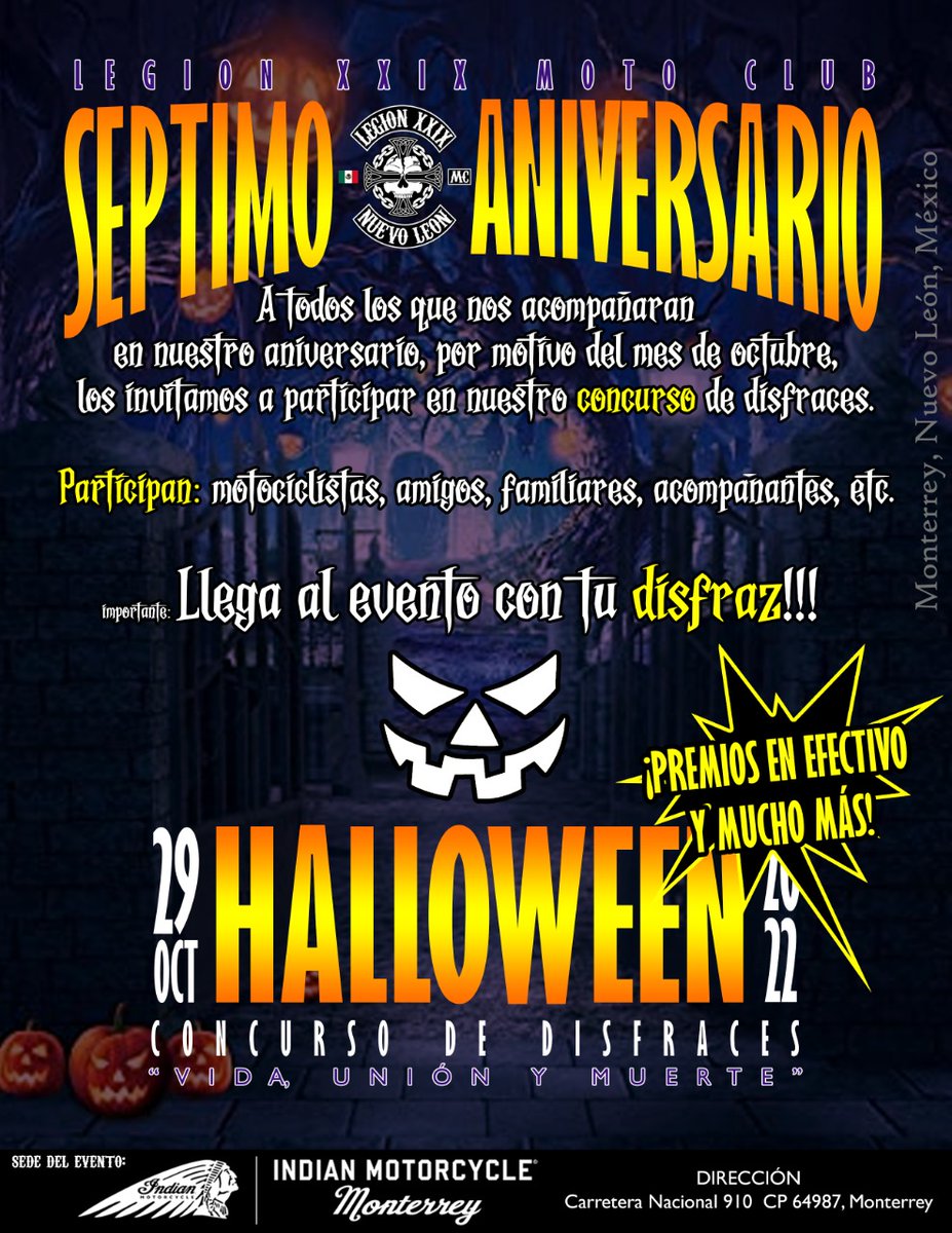 RodadaTv's tweet photo. El motoclub #legionXXIX festejan su 7 #Aniversario este sábado 29 de octubre en las #instalaciones de la agencia @IndianSatelite en carretera nacional en #NuevoLeon #bikers #amantesdelrock y #publicoengeneral todos invitados @elrockdemty https://t.co/iVnHGhAOw4