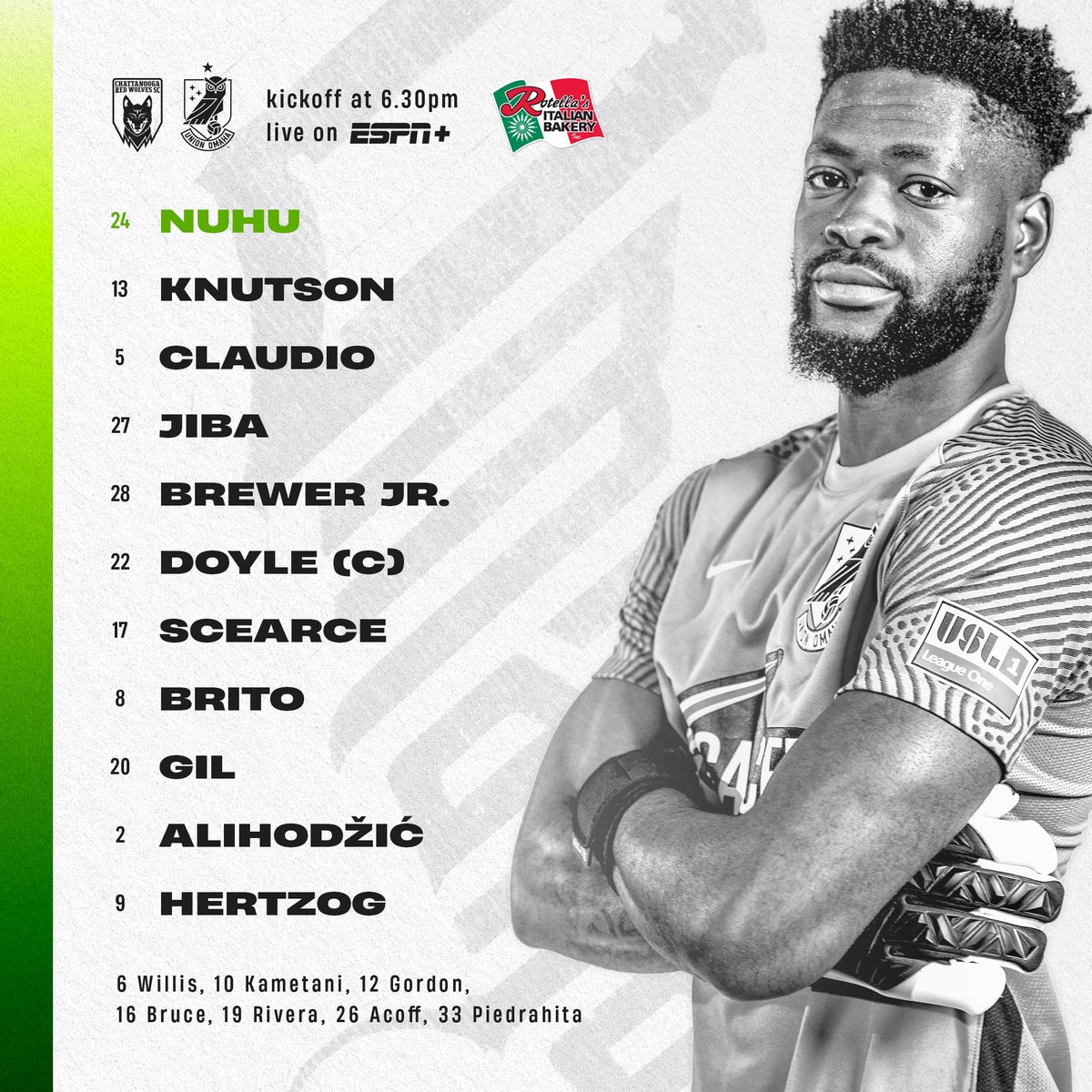 Union_Omaha's tweet photo. 👥 Here's our squad for this season's playoff opener against @ChattRedWolves, presented by Rotella's Italian Bakery!

#DefendTheStar | #CHAvOMA https://t.co/cn94jvtVmE