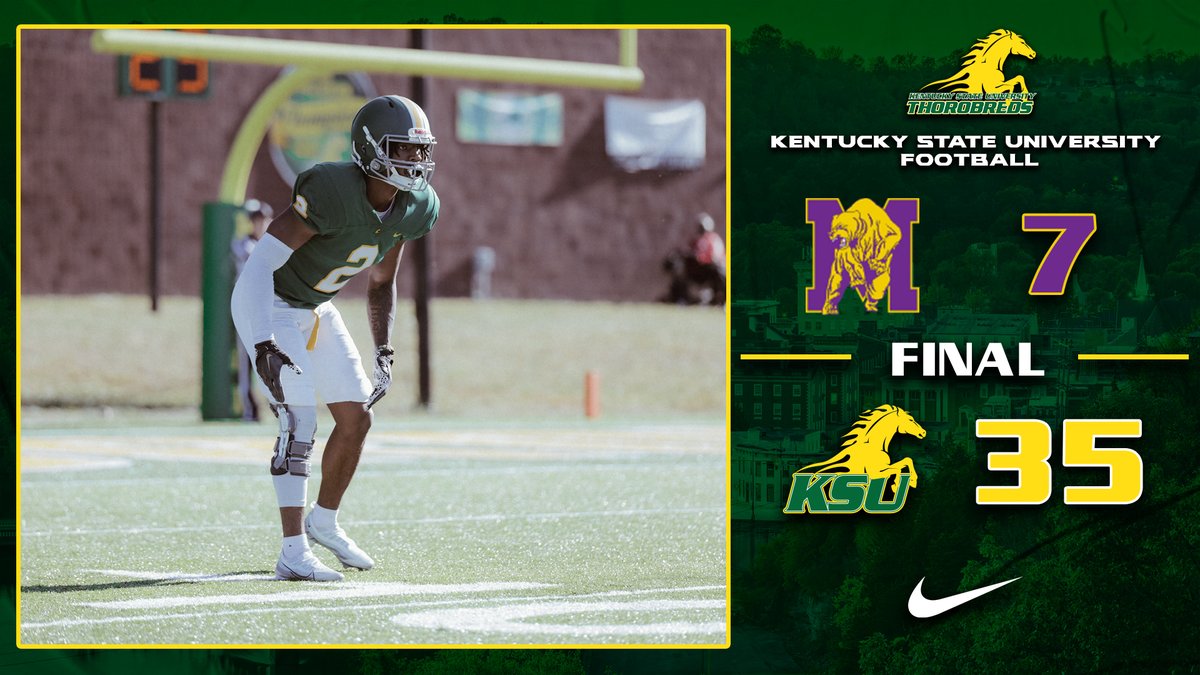 KYSUAthletics's tweet photo. FB: Kentucky State football is now on a four game winning streak after their 35-7 win against the @GoldenBearsofMC. #KSUFB https://t.co/ddKFYrgxBV