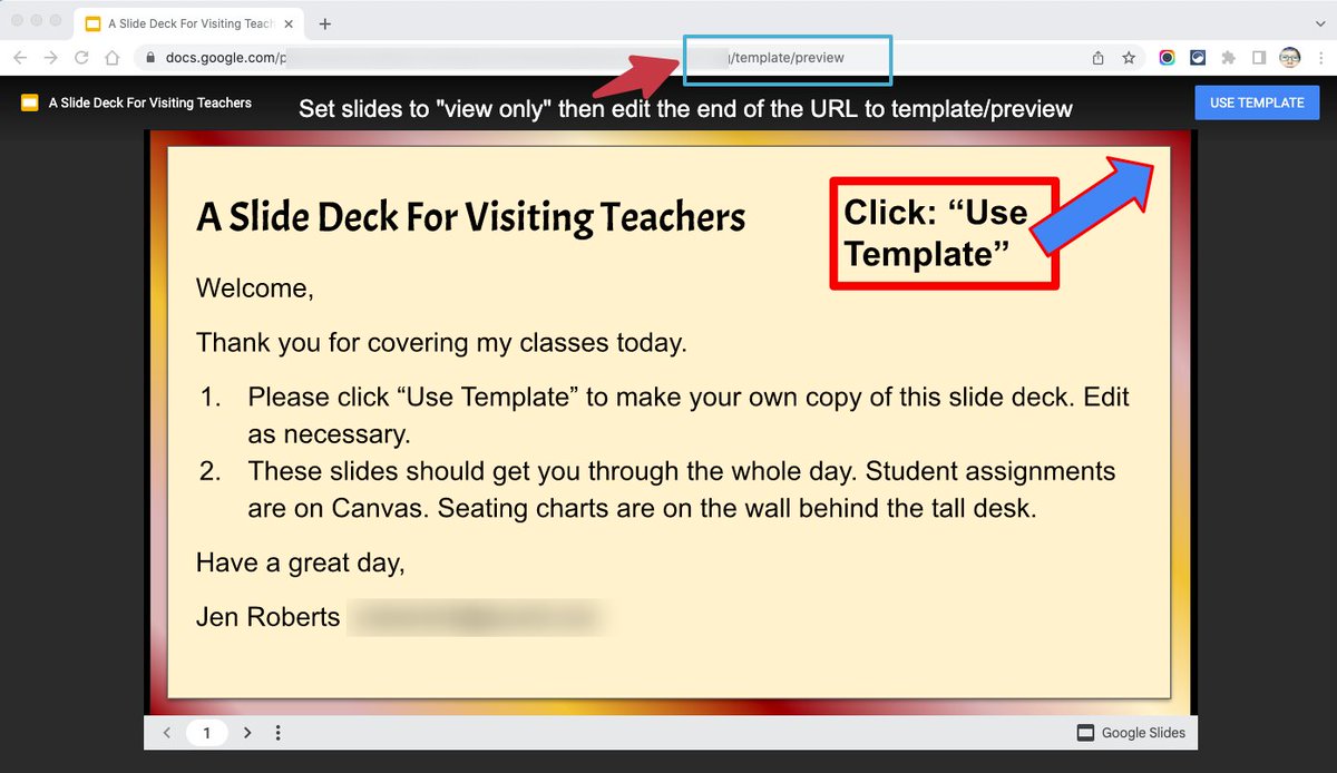 One of my better ideas: Making a  a slide deck for subs and creating a short bitly link for it. The short link is always on my desk. I can update emergency lesson plans by editing the slides. Subs make their copy from my link and can edit as needed.