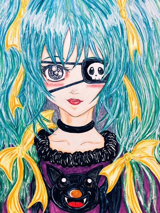 夜中ラジオ聴きながらひたすら塗ってました 完成したのですがこれはハロウィン風イラストなのか謎です #アナログ絵 #アナログイラスト #イラスト練習中 #イラスト好きな人とつながりたい #ハロウィンイラスト #ハロウィンコスプレ