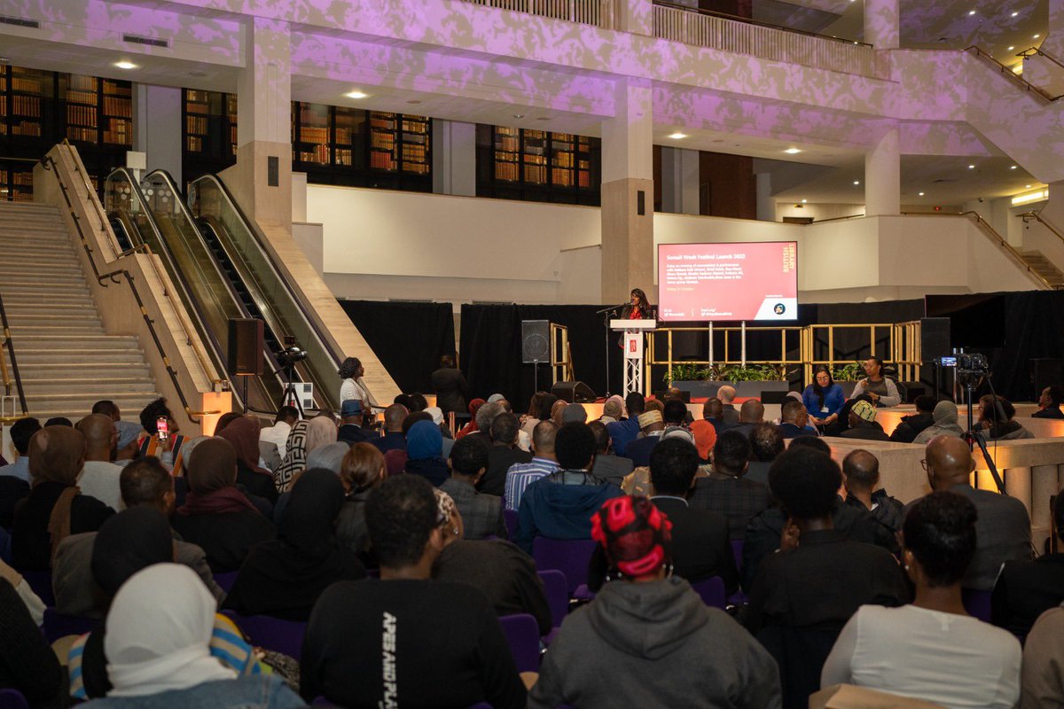 SomaliWeekFest's tweet photo. Our launch night at the @britishlibrary for the 14th @KaydSomaliArts Somali Week festival as part British Black History . Beautiful beautiful melanin #SWF22  #BHM #London 
Thank you to our supporters , funders , friends , family and volunteers for making this all possible ❤️ https://t.co/MMi0t99Ajn