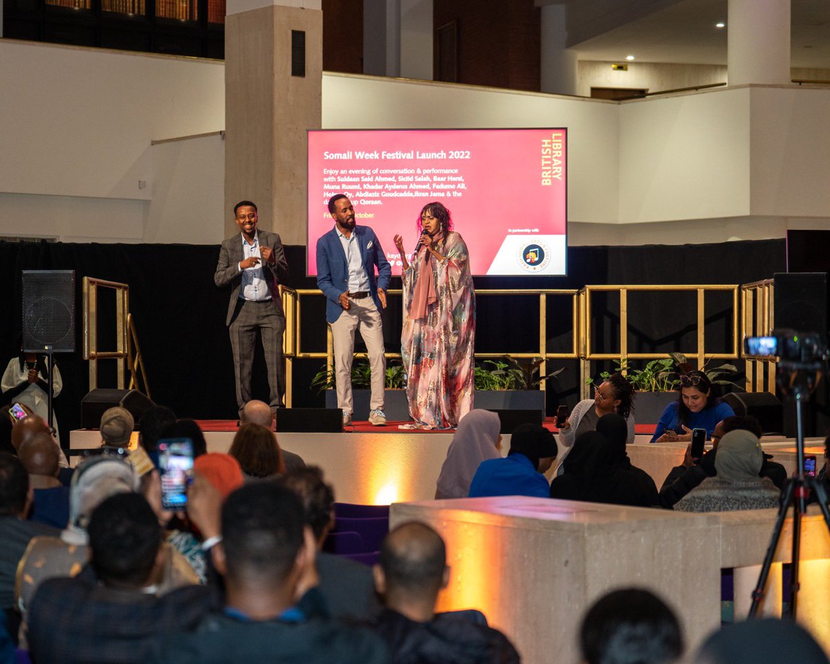 SomaliWeekFest's tweet photo. Our launch night at the @britishlibrary for the 14th @KaydSomaliArts Somali Week festival as part British Black History . Beautiful beautiful melanin #SWF22  #BHM #London 
Thank you to our supporters , funders , friends , family and volunteers for making this all possible ❤️ https://t.co/MMi0t99Ajn