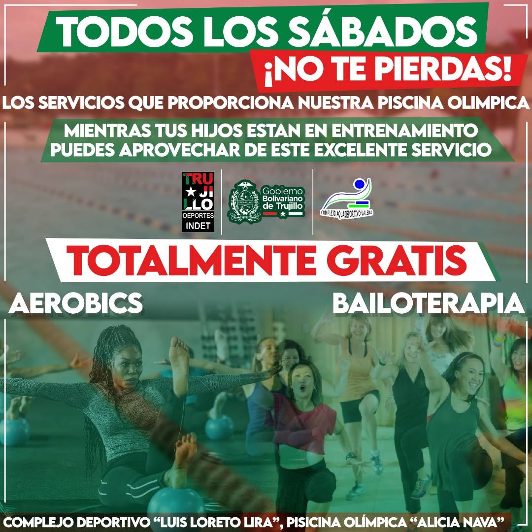 indettrujillo's tweet photo. Todos los sábados no te perderás todo los servicios que tendrá la piscina olímpica, durante los entrenamientos de tus hijos, podrás disfrutar totalmente gratis de sesiones de aerobics y bailoterapias. 

¡En Trujillo comenzó el progreso deportivo! https://t.co/HWxQLn32Ga