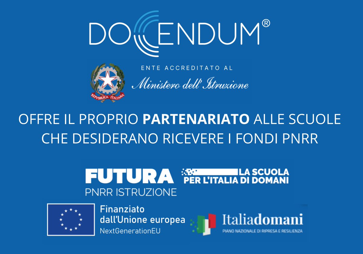 docendumsrl's tweet photo. @docendumsrl, ente accreditato al @MIsocialTW, offre il proprio partenariato alle scuole che desiderano ricevere i fondi PNRR.

Per le richieste di partenariato a Docendum srl (P.IVA e CF: 13450171007) contattare formazione@docendum.it | 06.40403704 | 347.4318190 https://t.co/rtOV5mp7oH