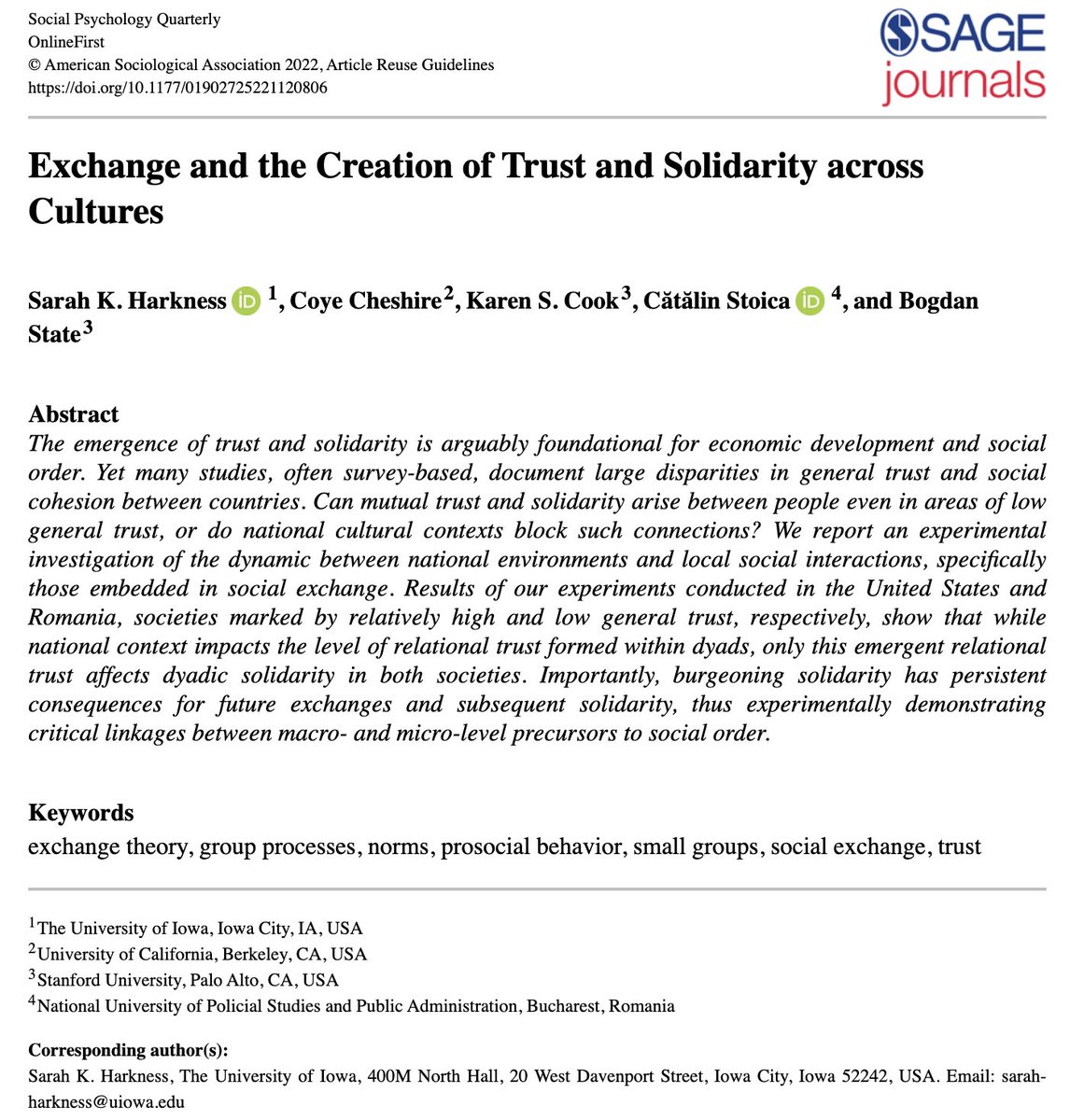 Social Psychology Quarterly (@spquarterly) on Twitter photo Check out our OnlineFirst- "Exchange and the Creation of Trust and Solidarity across Cultures" by Harkness et al.! #SPQ
<a href="/ASASocPsych/">Social Psychology Section - ASA</a> <a href="/SocEmotions/">ASA Emotions Section</a>
journals.sagepub.com/doi/abs/10.117… Check out our OnlineFirst- "Exchange and the Creation of Trust and Solidarity across Cultures" by Harkness et al.! #SPQ
<a href="/ASASocPsych/">Social Psychology Section - ASA</a> <a href="/SocEmotions/">ASA Emotions Section</a>
journals.sagepub.com/doi/abs/10.117…