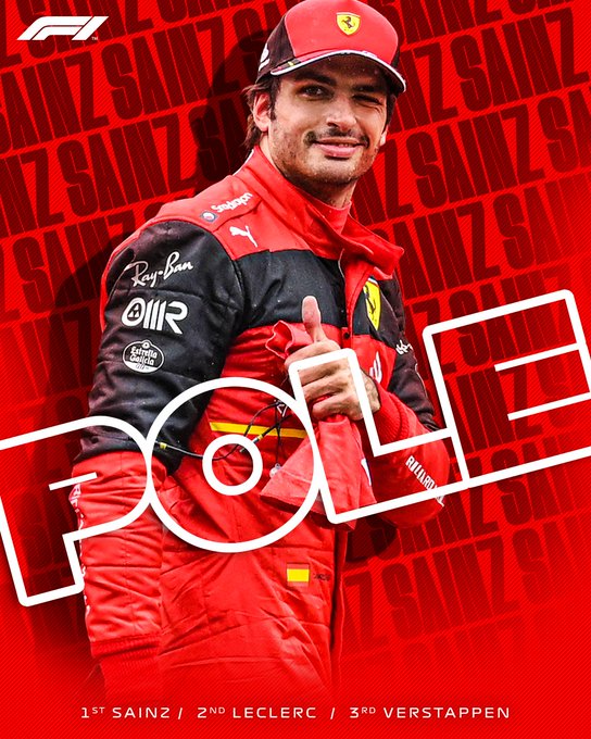 A red graphic showing Carlos Sainz winking and smiling at the camera with the word POLE emblazoned over him. The names of Leclerc and Verstappen are also shown in second and third.